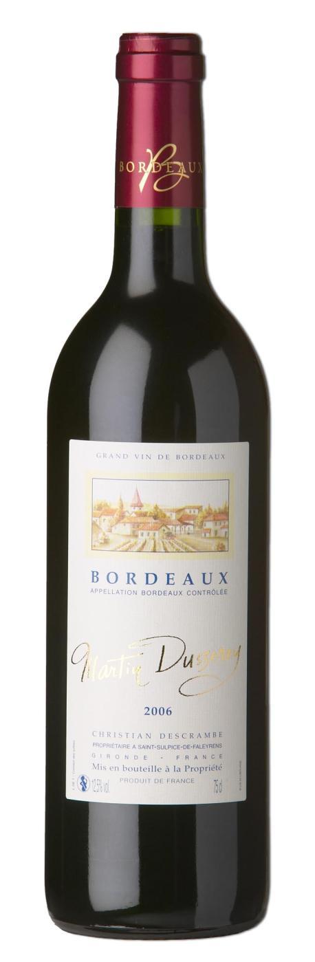 BORDEAUX AOC 2013 GRAND VIN DE BORDEAUX MARTIN DUSSEREY REF : BOR109 WINE: This wine is the result of a meticulous work, researching a perfect balance and a marriage between two varieties Merlot and