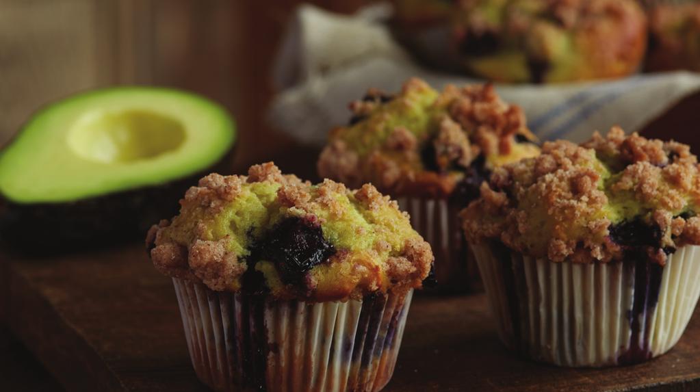 Avocado-Blueberry Muffins Classic blueberry muffins that call for creamy fresh California Avocado to replace shortening or butter.