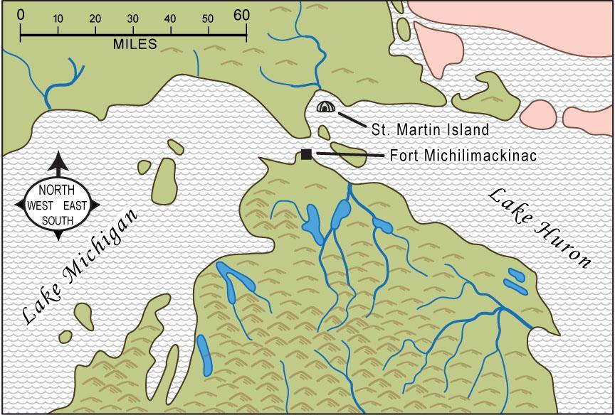 St. Martin Island is in which Great Lake? What two directions did Alexander travel to get to St. Martin Island? (Use the compass rose) About how far did he have to paddle?