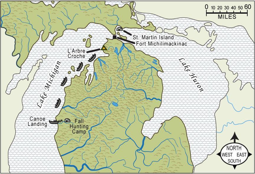 Fort Michilimackinac is in between what two Great Lakes? About how many miles do the canoes travel between the fort and L Arbre Croche? (Use the scale.