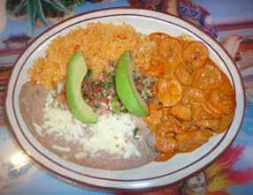 Served with tortillas. Marinated shrimp with special Yucatan sauce. Served with rice, beans, pico de gallo and tortillas.