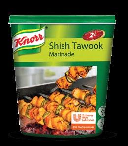 Serves 10 SHISH TAWOOK INGREDIENTS 2 kg Chicken breast cut into cubes 60 ml Knorr Corn Oil 60 ml Yoghurt 60 g Knorr Shish Tawook Marinade 10 g Tomato, paste 500 g Tomato, cubes 400 g Onion, cubes