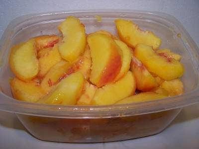 Step 5 - Cut up and blend the peaches Cut out any brown spots and mushy areas. Cut the peaches in half, or quarters or slices, as you prefer! Remove pits!