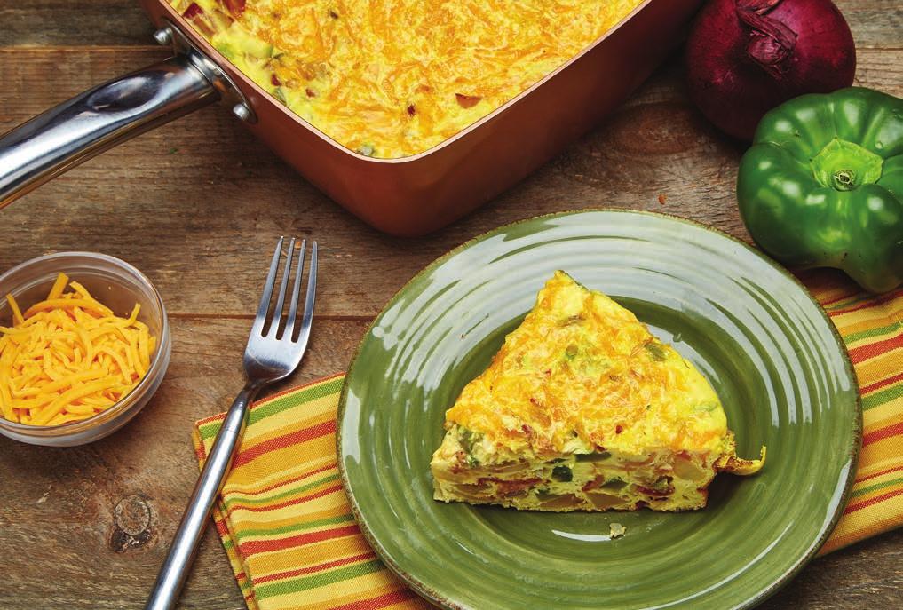 Frittata 1 qt. liquid eggs or egg substitute ½ green pepper, diced ½ red pepper, diced 1 red onion, peeled & diced ½ lb. bacon, diced 1½ lb. hash brown potatoes ¾ cup cheddar 1.