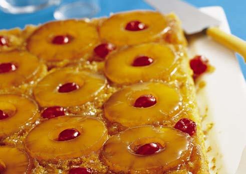 easy pineapple UPSIDE-DOWN CAKE PREP TIME 5 minutes MAKES 2 servings TOTAL TIME hour, 50 min cup butter or margarine cup packed brown sugar can (20 oz) pineapple slices in juice, drained, juice