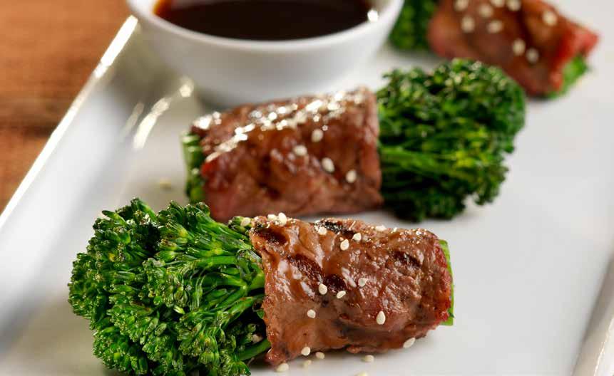 Beef & Broccolini 12 ounces Prime top sirloin 2 bunches Mann s Broccolini 1 /4 cup sesame seeds Salt & pepper to taste FOR MARINADE 6 tablespoons soy sauce 4 tablespoons rice wine or sake 2