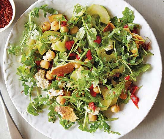 monday Chickpea, Arugula, and Pita Bread Salad with Goat Cheese Active/total time: 20 minutes Harissa is a spicy Middle Eastern condiment flavored with cumin, caraway, and chiles.