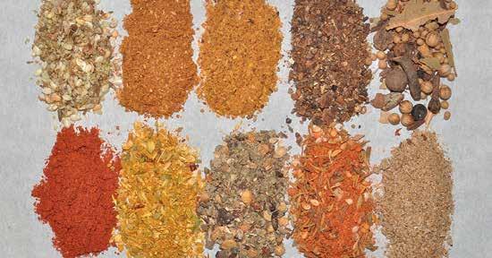 Examples of spice mixtures. Top row: Egyptian dukkah, Indian sambar powder, Indian garam masala, Ethiopian tea spice, and pickle spice.
