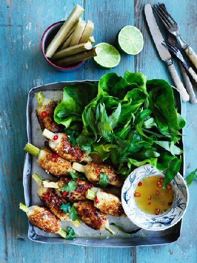 Sugarcane prawns with lime dipping sauce 2 Asian shallots, finely chopped 2 garlic cloves, crushed 1 lemongrass stalk, white part only, finely chopped 600 g green Australian prawn meat 1 tablespoon