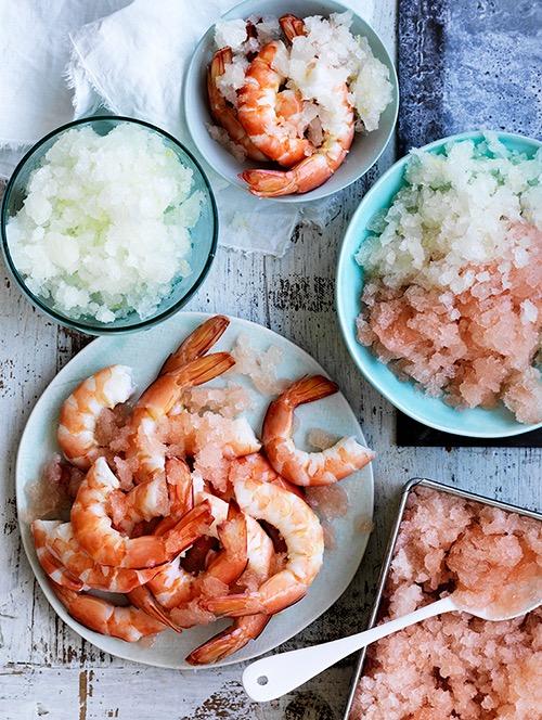 Australian prawns with vodka and lemon or vodka and pink grapefruit granita 24 large cooked Australian Prawns Vodka and lemon granita 2 ½ cups water ¾ cup caster sugar 1 tablespoon finely grated