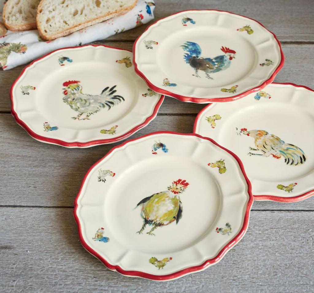 4-Piece Set Handcrafted in Italy CHICKEN APPETIZER PLATES A whimsical way to serve small bites and desserts, in a set of four unique Jacques Pépin chicken and