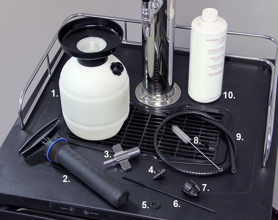 Deluxe Hand Pump Pressurized Beer Line Cleaning Kit Instruction Manual 1. Cleaning Bottle 6. Siphon Tube 2. Pump 7.