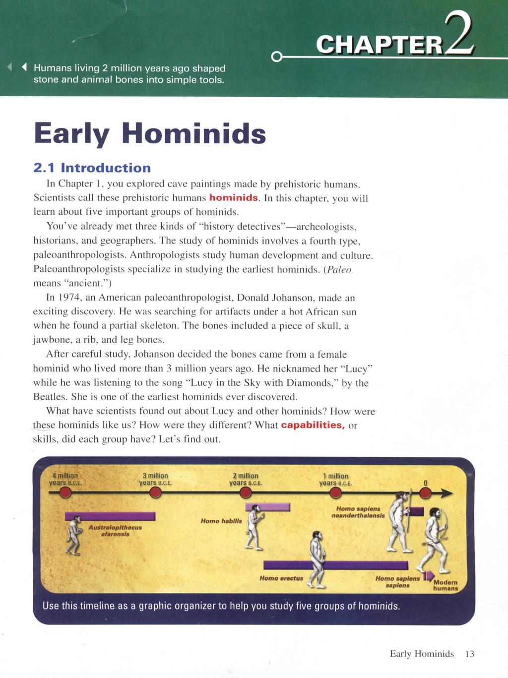 CHAPTER 4 Humans living 2 million years ago shaped stone and animal bones into simple tools. Early Hominids 2.1 Introduction In Chapter 1, you explored cave paintings made by prehistoric humans.