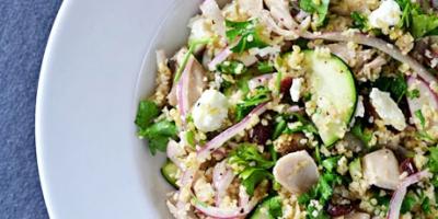 Chicken Bulgar Salad Serves: 4 3 tbsp Olive Oil 200g Courgettes, sliced 1 Red Onion, thinly sliced 1 Garlic Clove, thinly sliced 150g Bulgar Wheat 4x200g skinless Chicken Breasts, cut into chunks 4