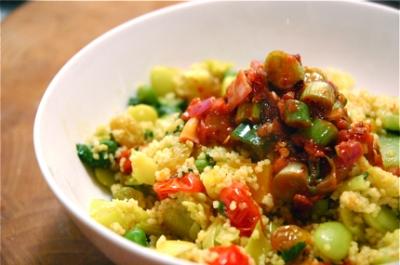 Couscous Serves: 6 250g boxed dried Couscous 400g Chickpeas, drained & rinsed 50g Raisins 100ml Water 2 Lemons, zest & juice 3 tbsp Olive Oil 1 Red Pepper, deseeded & chopped 1 Cucumber, chopped 100g