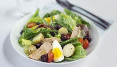 Salad Nicoise Lunch Serves: 2 small tin of Tuna, drained 50g Green Beans, topped, tailed & steamed 1 hard-boiled Egg, quartered 8 Black Olives, halved 2 chopped Anchovy Fillets 1 tbsp Olive Oil 1 tsp