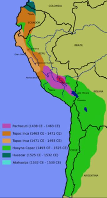 Inca South American people that built an empire through conquest in the Andean mountains in modern day Peru Used roads to unite the empire