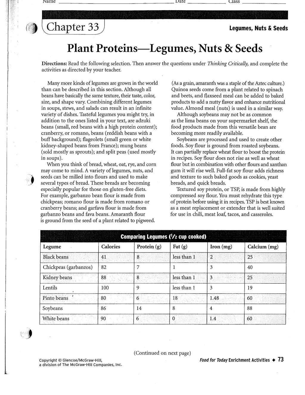 JName Jjate Cvlass Chapter 33 Legumes, Nuts & Seeds Plant Proteins Legumes, Nuts & Seeds Directions: Read the following selection.