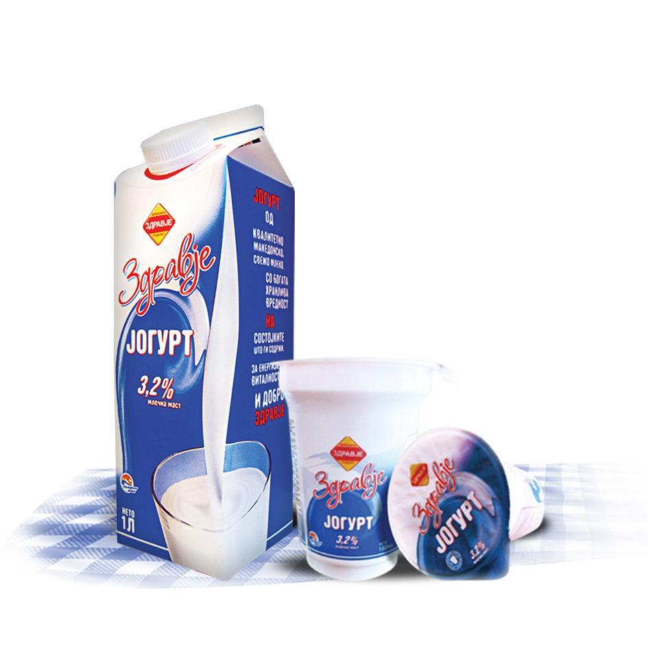 Zdravje yogurt 3,2% 1L Milk fat 3,2% Elopak carton packaging of 1L with plastic cap Barcode per unit 5310156001444/305 Summary packing in transparent foil 8 x1l 80 TP 15 days from date of packaging