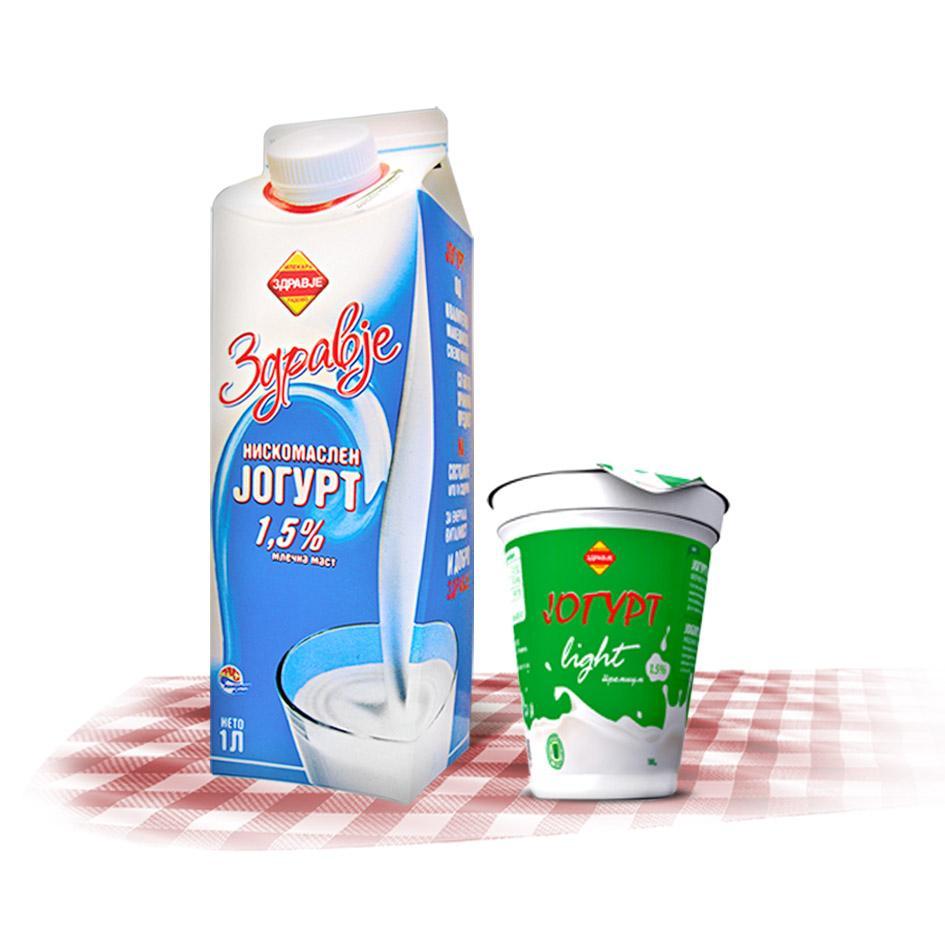 Zdravje yogurt 1,5% 1L Milk fat 1,5% Elopak carton packaging of 1L with plastic cap Barcode per unit 5310156001451/331 Summary packing in transparent foil 8 x1l 80 TP 15 days from date of packaging