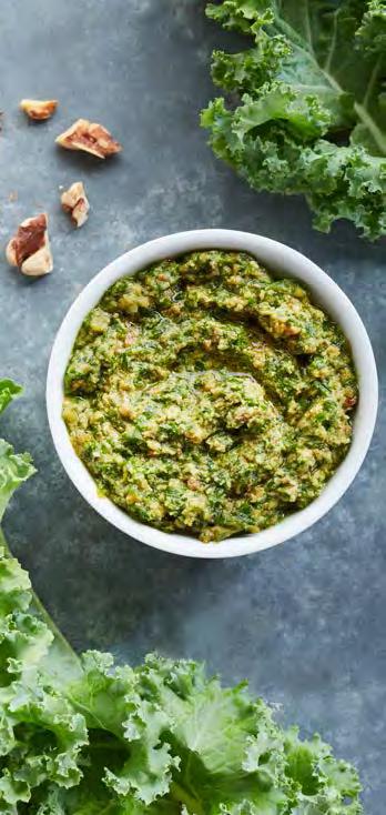 KALE WALNUT PESTO MAKES 2 CUPS Heat tablespoon oil in small skillet over medium-low heat. Add garlic and sweat until tender, about minute. Set aside to cool slightly.
