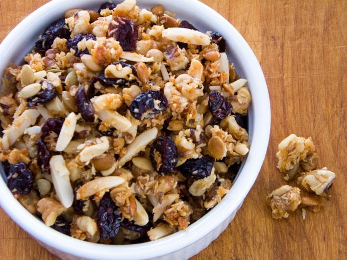 CRANBERRY WALNUT GRAIN FREE GRANOLA 2 cups chopped walnuts 1 cup slivered almonds 1 cup raw pepitas (pumpkin seeds) 1 cup unsweetened shredded coconut ¼ teaspoon salt 2 tablespoons coconut oil,