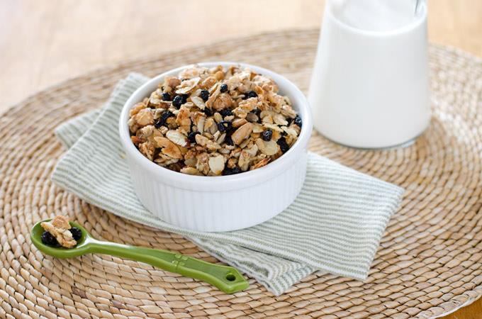 BLUEBERRY PECAN GRAIN FREE GRANOLA 1 cup chopped pecans 1 cup sliced almonds ½ cup sunflower seeds ½ cup finely shredded unsweetened coconut ¼ teaspoon sea salt 1 tablespoon coconut oil, melted 3