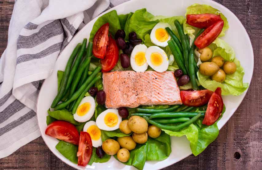 SIDES AND SALADS 20 Salmon Nicoise Salad 8 ounces small yukon gold potatoes 4 ounces or 1/4 lb of haricot verts or green beens, trimmed 1 beefsteak tomato, cut into wedges 3 large eggs 8 ounces