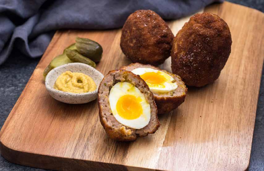 MAIN DISHES 26 Scotch Egg 5 large eggs 3/4 lb ground sausage 1 cup all-purpose flour 1 cup seasoned bread crumbs vegetable oil for frying kosher salt and black pepper mustard for serving SERVES 4