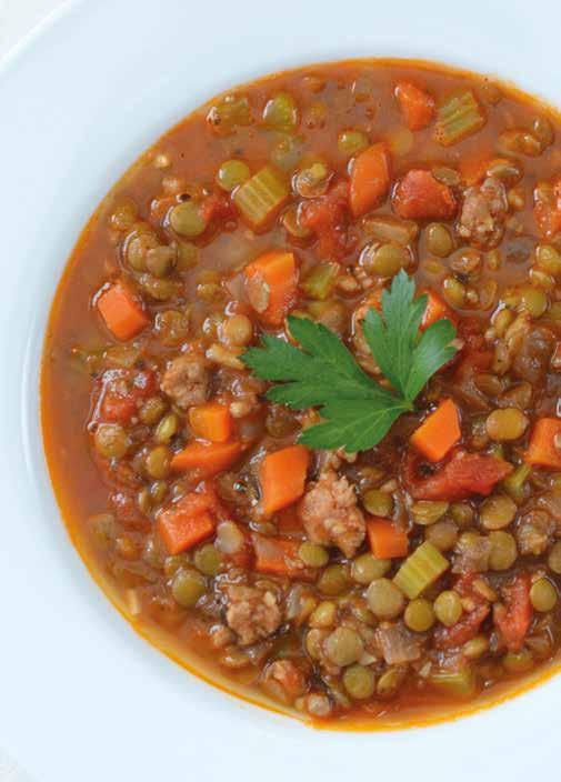 Lentil Soup with Sausage 1 cup (250 ml) lentils 2 cloves garlic, minced 1 medium onion, finely diced 2 medium carrots, finely diced 2 ribs celery, finely diced 1 quart (950 ml) chicken stock ¼ pound