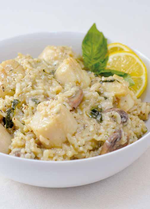 Risotto with Scallops and Cauliflower 1 1 /3 (225 g) cups Arborio rice 1 pound (450 g) medium-sized sea scallops 2 ounces (50 g) sliced mushrooms ½ medium onion, diced 1 cup (250 ml) chopped