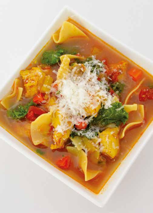 Zesty Chicken and Kale Soup 2 tablespoons olive oil 1½ cups (350 ml) medium egg noodles (uncooked) 1 medium onion, diced 1 large carrot, diced 1 rib celery, diced 1 cup sliced mushrooms 2 teaspoons