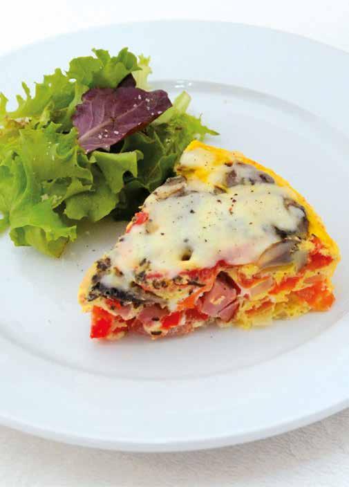 Ham and Veggie Frittata ¼ cup (60 ml) small diced roasted red bell peppers 1 tomato, seeded and small diced ¼ medium onion, small diced 2 ounces (50 g) mushrooms, small diced or chopped ¼ pound (113