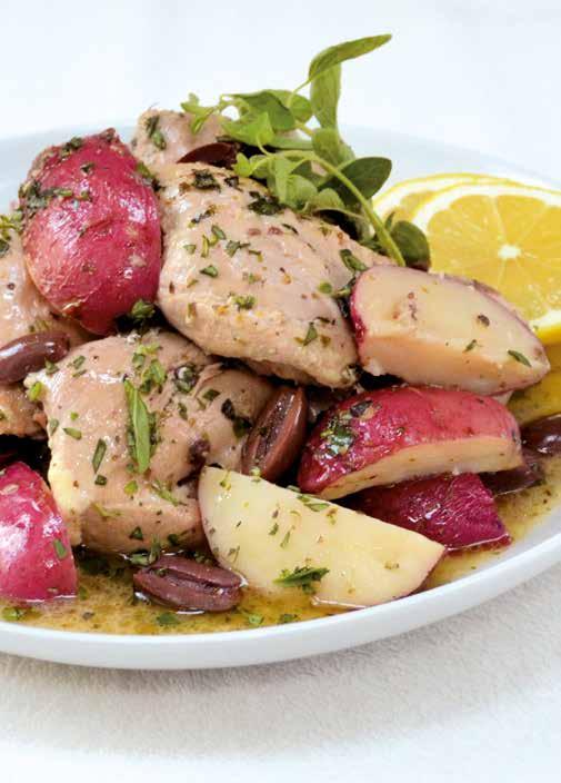 Lemon Chicken with Potatoes, Olives and Oregano 2 pounds (900 g) boneless, skinless chicken thighs 3 cups (700 ml) small potatoes, quartered 3 cloves garlic, minced 1/3⅓ cup (80 ml) pitted Kalamata