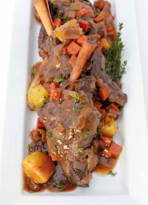 Lamb Shanks Braised with Red Wine and Potatoes 3 to 4 lamb shanks 2 teaspoons salt 1 teaspoon pepper ½ cup (120 ml) tomato paste 2 cups (500 ml) red wine 1 cup (250 ml) beef stock 2 tablespoons white