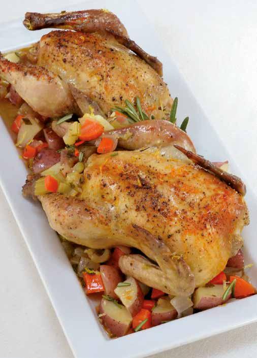 Citrus Rosemary Cornish Game Hens 2 Cornish game hens - each no more than 2 pounds (900 g) 1 medium onion, chopped 2 ribs celery, chopped 2 medium carrots, chopped 8 small red potatoes, diced 1 cup