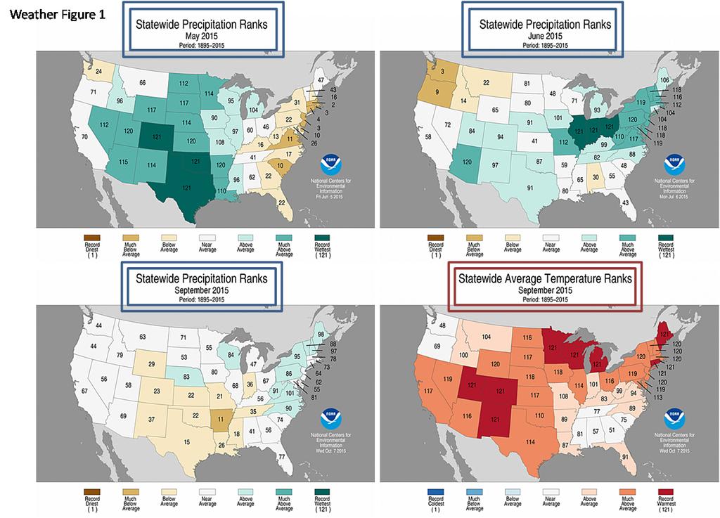 Overall, weather during the 2015 growing season was generally wetter than normal in some large soybean producing states,