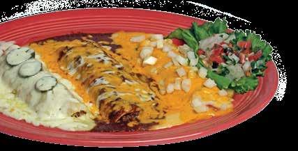 69 Enchilada Dinner Two cheese or beef enchiladas with chili con carne, Mexican rice & refried beans. 9.