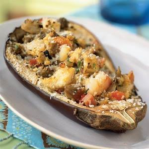 Seafood Stuffed Eggplant 6 medium eggplants 1 pound small shrimp 1 pound white lump crabmeat 4 each green bell peppers 4 medium sweet onions 1/2 cup Italian Parsley 3 cloves garlic 1/2 cup celery sea