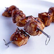 Chicken Kebabs Cooking spray 2 pounds boneless, skinless chicken breasts, sliced crosswise into ½ thick slices 8-12 scallions Wooden picks ¼ cup reduced sodium soy sauce 1 tablespoon honey 2