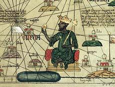 This is a facsimile of a map drawn in Spain and dated to 1375, showing the King of Mali holding a gold nugget.