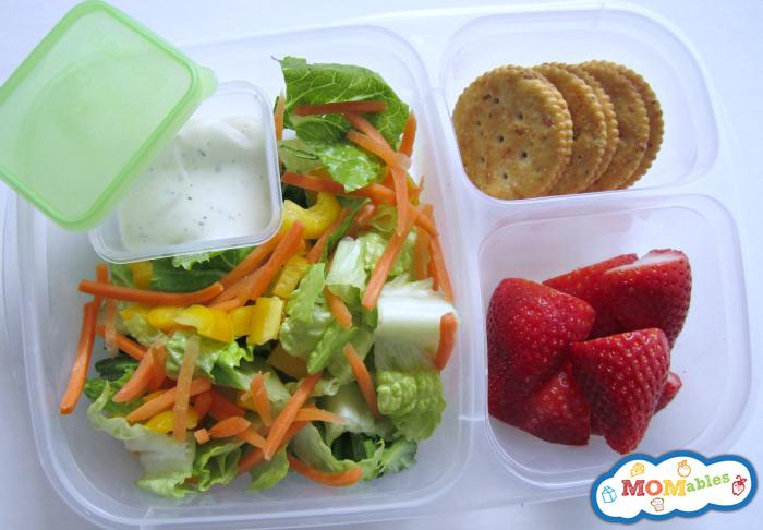 Crunchy Romaine Salad Chopped romaine lettuce ¼ yellow bell pepper, chopped 2 Tablespoons matchstick carrots 1 Tablespoon shredded Swiss cheese 2 Tablespoons Ranch dressing 1.