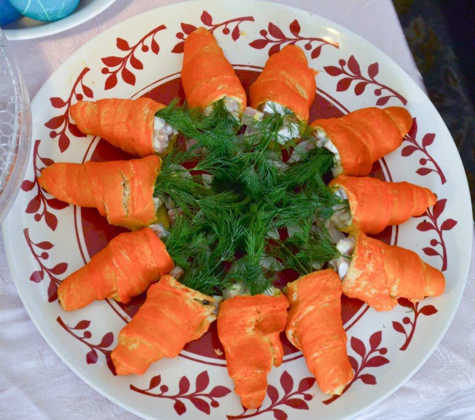 Carrot Shaped Crescent Rolls with Ham Salad Wrap crescent dough around a cone shaped piece of parchment paper