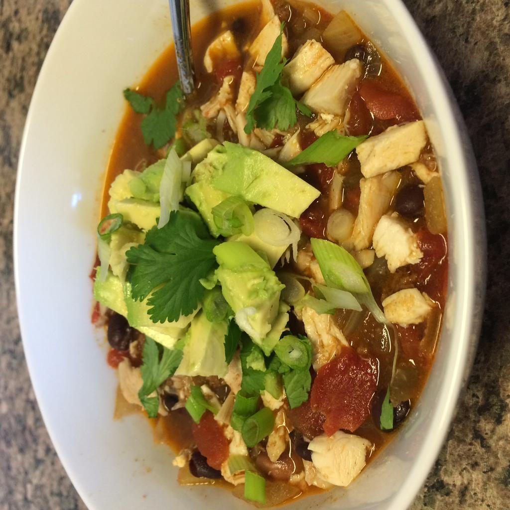 Chicken Tortilla Soup 16 oz chicken (free range, organic), cooked and shredded or chopped 32 oz vegetable broth (low sodium, organic) 1 can fire roasted diced tomatoes (Muir Glen) 1 can pinto beans,