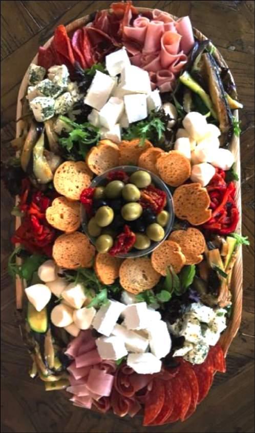 GRAZING PLATTERS Afternoon Dips ) Platter Medium up to 6ppl $45 Large - up to 10ppl $70 Dips, Olives, seasonal Vegie Sticks w Dried Fruit & Nuts, Sourdough Crostini & Rice Crackers Afternoon Grazing