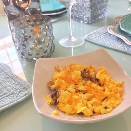 Cheesy Mushroom Scramble 3 eggs or ¾ cup of egg whites or egg substitute 2 oz of reduce fat cheddar 1 cup of mushrooms Cook mushrooms with non fat cooking spray and 3