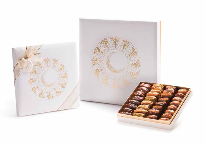 EID COLLECTION Simple and elegant gift boxes with an Eid Mubarak message in gold SMALL MEDIUM LARGE CONTENTS P23626296 P23626297 P23626298 ASSORTED DATES