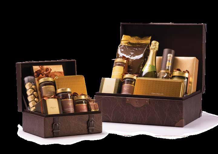 ALINA CHEST HAMPERS Gold and brown leather chests in a rich damask