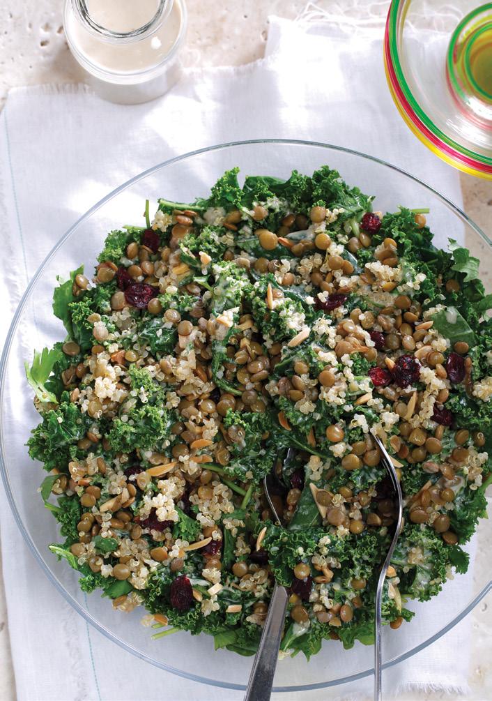 LENTIL & KALE SALAD WITH GARLIC TAHINI DRESSING 4 SERVINGS 5 MINUTES PREP TIME 30 MINUTES TOTAL TIME 4 cups ( L) kale, spine removed and chopped 2 cups (500 ml) cooked green lentils /2 cups (375 ml)