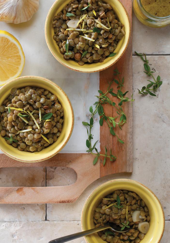 soups + sides LEMONY LENTILS 6 SERVINGS 5 MINUTES PREP TIME 30 MINUTES TOTAL TIME cup (250 ml) green lentils 3 cups (750 ml) low-sodium vegetable or chicken stock 3 sprigs fresh thyme 3 sprigs fresh
